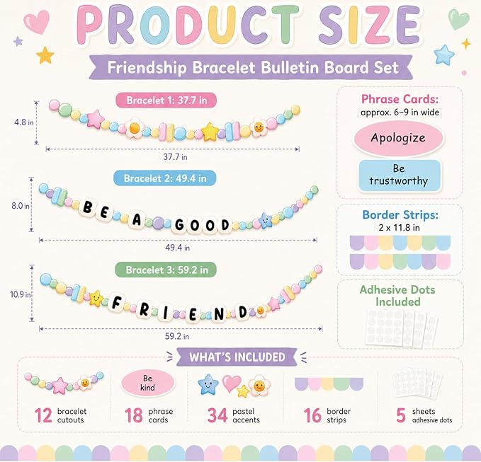 Friendship Bracelet Bulletin Board Set Pastel Back to School Classroom Decoration Motivational Be a Good Friend Friendship Bracelet Bulletin Board Cutouts for Classroom School Chalkboard Wall Decor