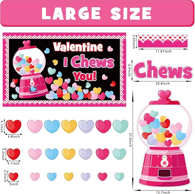 Valentine's Day Gumball Machine Bulletin Board Set, Valentines Day Bubble Gumballs Bulletin Board Classroom Decorations Colorful Heart Cutouts Home Wall Party Decor for Teacher(Valentine I Chews You)