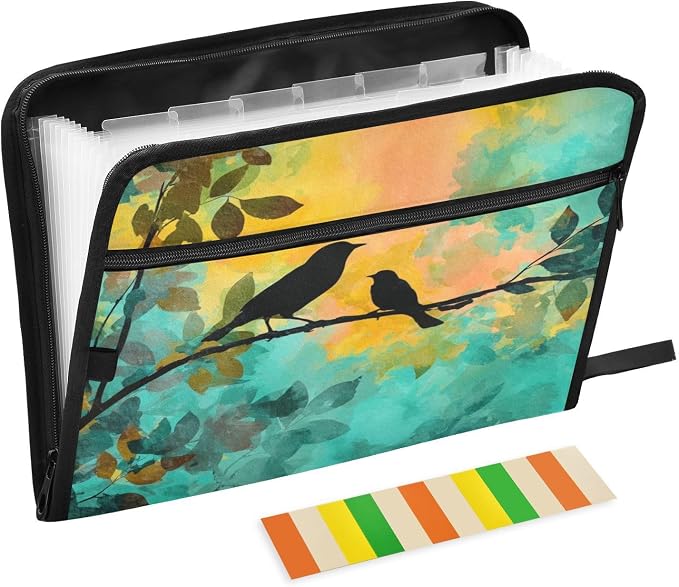 Black Bird Orange Green Accordion File Organizer Expanding Document Folder with 13 Pockets Portable File Folder for A4 Letter Size