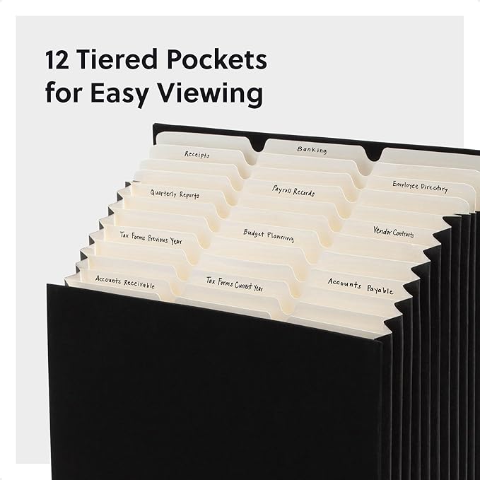 Smead Expanding 12-Pocket Stadium File, 12.75" x 13.75" x up to 11.75", Black Natural Linen (70227)