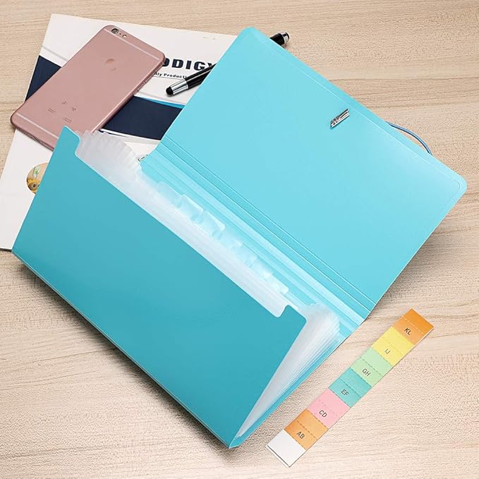 BTSKY Expanding File Folder - Blue, Plastic, 10.2in x 1in x 5.7in, 13 Pockets, Easy Subdivision, Fasten Rope Closure