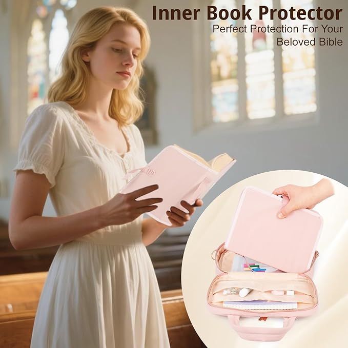 Large Bible Cover for Women,2 Compartments Bible Carrying Case With Handles Shoulder Strap, Soft Puffy Quilted Bible Bags With Book Cover Organizer, Bible Tote For Church Study Supplies Accessories