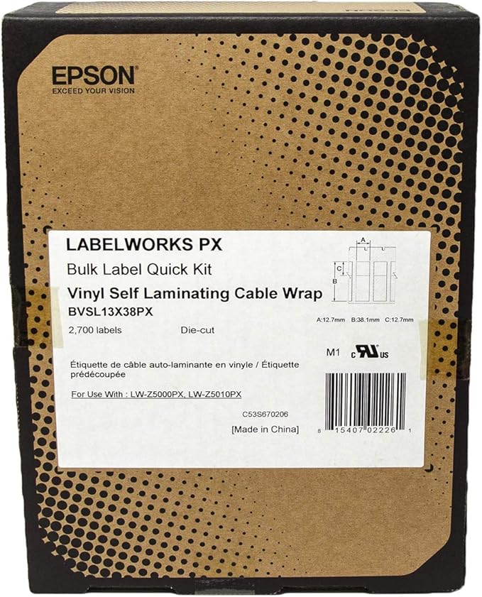 Epson LABELWORKSPX BVSL13X38PX Genuine Bulk Die Cut Self Laminating Overwrap Vinyl Tape - Black on White Flexible and Durable Industrial Label Maker Tape - 0.5" x 1.5" Wide, 2700 Labels per Roll