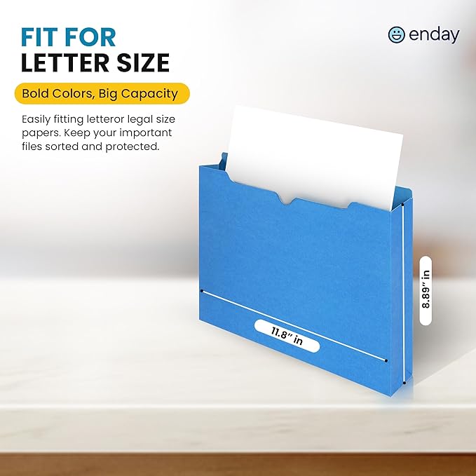 Enday 2 Inch File Jackets (25 Pack)- Assorted Colors Expandable File Folders - Straight Cut Tab - Letter Size Jacket Folders for Home & Office, Pocket File Folders in Red, Yellow, Blue, Green & Orange