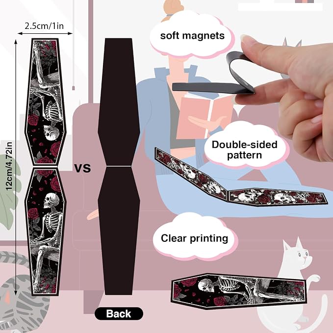Wxiben Skeleton Coffin Magnetic Bookmark - 30 Pcs Gothic Skull Bookmarks for Book Lovers Skull Horror Book Marks Halloween Magnet Page Marker Clip Gifts for Women Men Students Teacher Reading Bookish