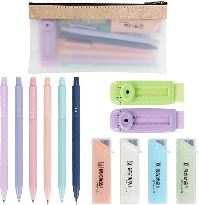 Buqoo Mechanical Pencil Set, 6PCS 0.7mm Cute Pastel Mechanical Pencils, 2Push-Pull Retractable Eraser with 80PCS HB 0.7 Lead Refill and Zipper Bag Pencil Kit for Art, Drawing Pencils for Sketching