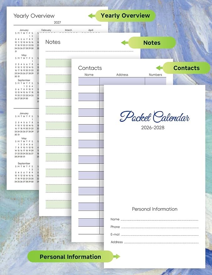 Pocket Calendar 2026-2028 Art Series, Monthly Planner Jan 2026 to Jul 2028 (3.7" x 6.7") Perfect Purse Calendar, Pocket Agenda with Protective Plastic Sleeve-Wheat