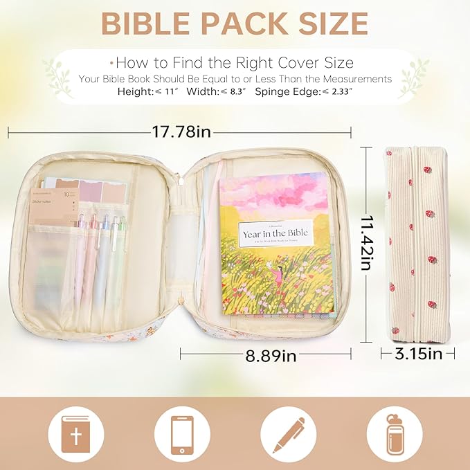 Bible Cover Case for Women Corduroy Bible Case for Girls Large Bible Cover with Handle Bible Study Supplies Accessories Christian Gifts for Women (red Strawberry, Medium)