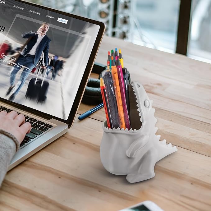 Cute Dinosaur Pen Holder, Dinosaur Figurine Pencil Holder for Office Desk Decor, 3D Printed, Grey T-Rex Desktop Organizer, Funny Dinosaur Pen Holder Gifts for Boys