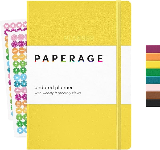 PAPERAGE Undated Weekly & Monthly Hardcover Planner (Yellow), 5.6 in x 8 in, Includes Lined Note Pages & 2 Sticker Sheets