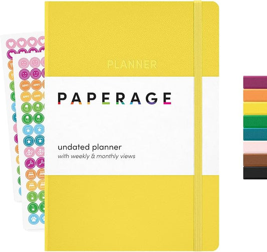 PAPERAGE Undated Weekly & Monthly Hardcover Planner (Yellow), 5.6 in x 8 in, Includes Lined Note Pages & 2 Sticker Sheets