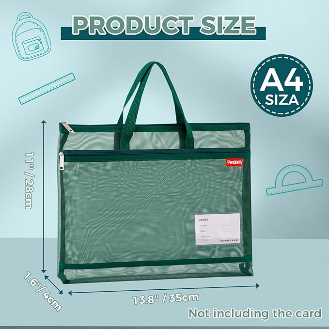 Pendancy Mesh Zipper Pouch A4 Size, Large Double Pocket Lightweight Nylon Transparent File Bag with Handle, 11x13.8 in Foldable Document Storage for Puzzle Project/Cross Stitch/Travel/Office (Green)