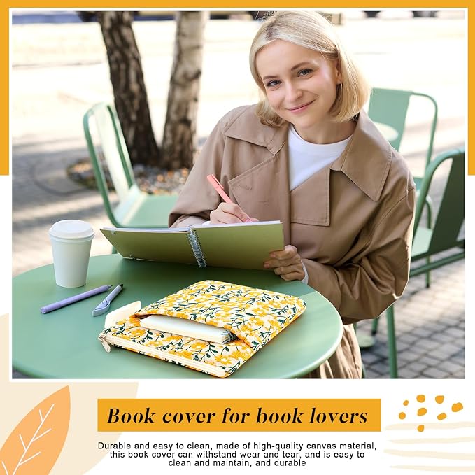 12''x9'' Daisy Embroidered Book Sleeve with Cotton Lining with Handle and Zipper Book Protector for Paperback and Hardcover, Christmas Ideal Gift Book Sleeve Pouch for Book Lovers(Yellow)
