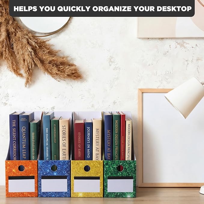 Jutom 32 Pcs Magazine File Holder Set Including Colored Foldable Desk File Holder Organizer White Label Stickers Cat Pen Cardboard Magazine Storage Box for Document School Office (Solid,Glitter)