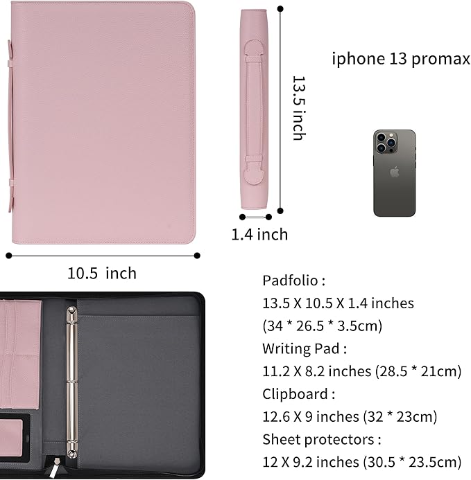 Wonderpool Travel Zippered Portfolio 3 Ring Binder A4 Padfolio Document Case with Removable Clipboard Legal Pad Holder, Business Office School Organizer for Men and Women (Pink)