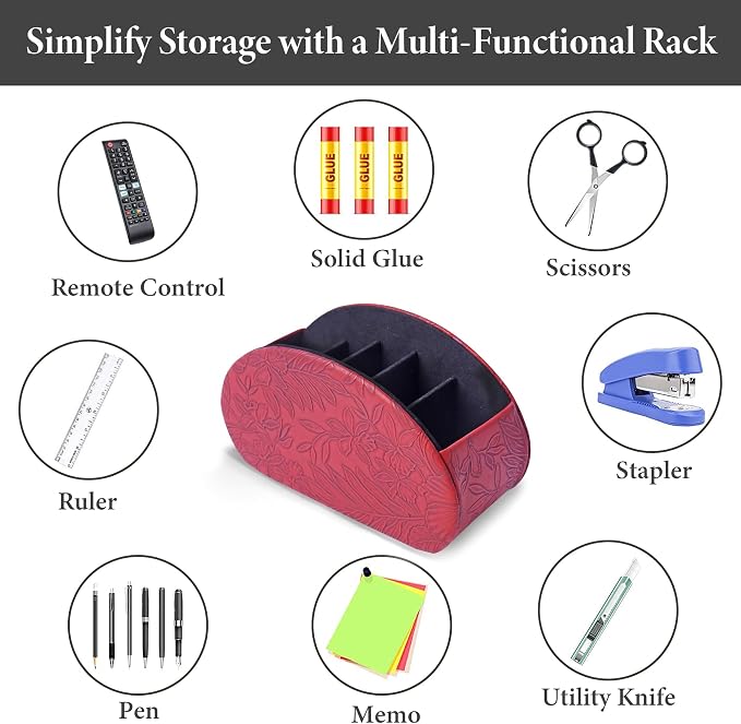Remote Control Holder, PU Leather Remote Caddy Desktop Organizer with 5 Spacious Compartments for TV Remotes/Media Controllers/Office Supplies (1-Carved Red