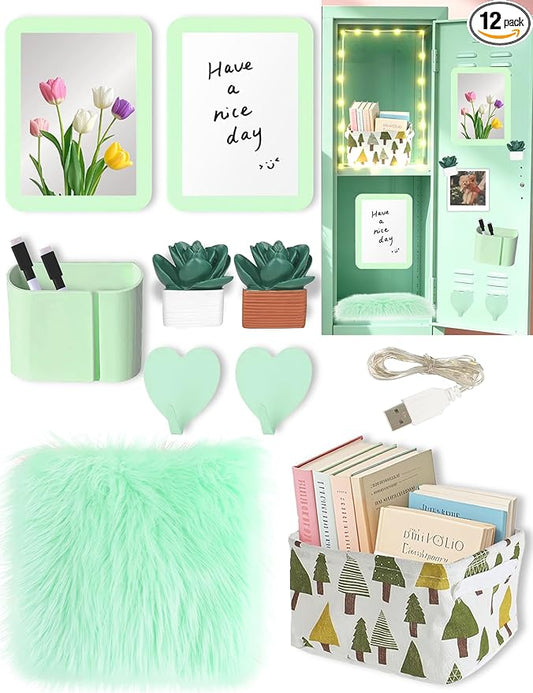 12 Pcs Green Locker Accessories Kit Locker Organizer for Girls, Magnetic Whiteboard Magnet Mirror Rug Pen Holder Basket Hook String Light, Back to School Locker Kit for School Locker Decor Office