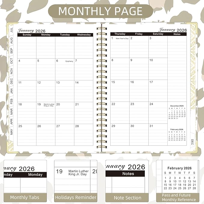 2026 Planner, Jan.2026 - Dec.2026 Planner Weekly and Monthly 6.25"x8.5" with with Page Tabs, Calendar Hardcover with Inner Pocket, Elastic Band, Twin-Wire Binding, Bookmark, Gray Pink Leopard
