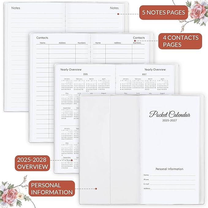 Phyxin 2026 Pocket Calendar, Two Year Pocket Planner - Runs From Sep 2025 Until Dec 2027, Small Planner - 6.7" x 3.7", Small Calendar for Women, Students, Black Flowers