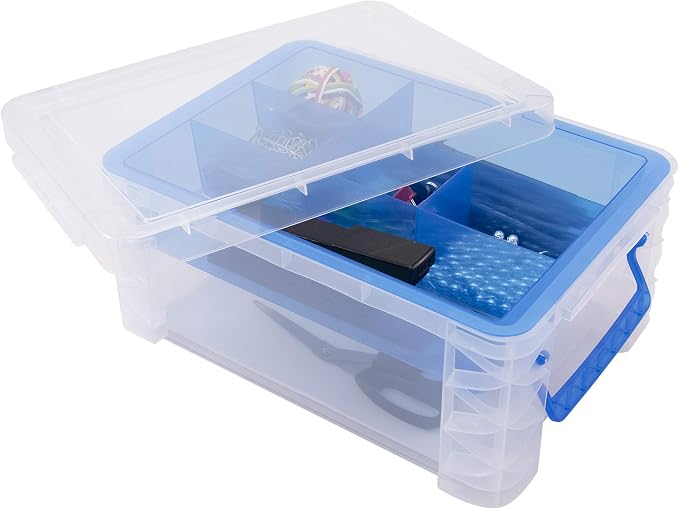 Advantus Super Stacker Divided Storage Box, 6 Sections, 6.5" x 10.3" x 14.3", Clear/Blue