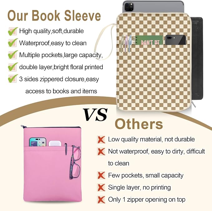 Plaid Book Sleeve Pouch For Women, Paperback Book Protector Case with Zipper, PU Leather Waterproof Book Pouch, Printed Book Carrying Case for Book Lovers Hardcover Girl Brown