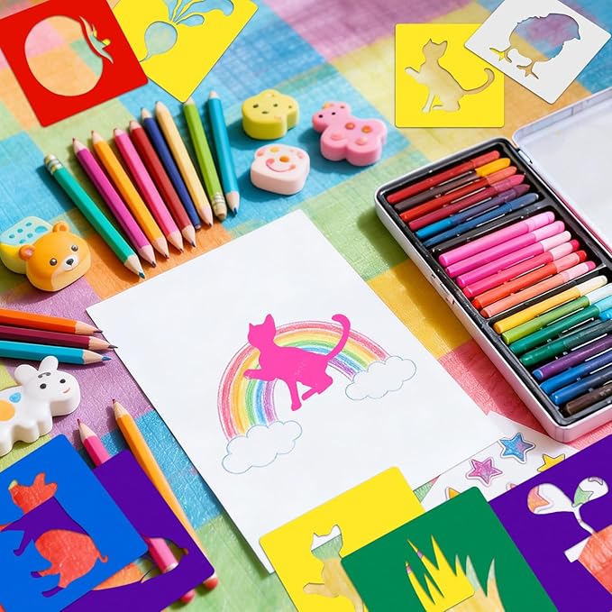 24 PCS Drawing Stencils, 8 Inch Sidewalk Chalk Stencils Painting, Outside Reusable Drawing Stencil, Large Washable Animal Garden Themed Primary Shape Template for Learning Painting DIY Craft