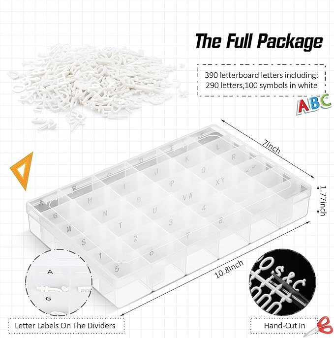 Dunzoom 390 Pieces Letter Board Letters with Plastic Organizer Box for Changeable Felt Board 3/4 White Letters, Numbers & Symbols for Felt Letterboard