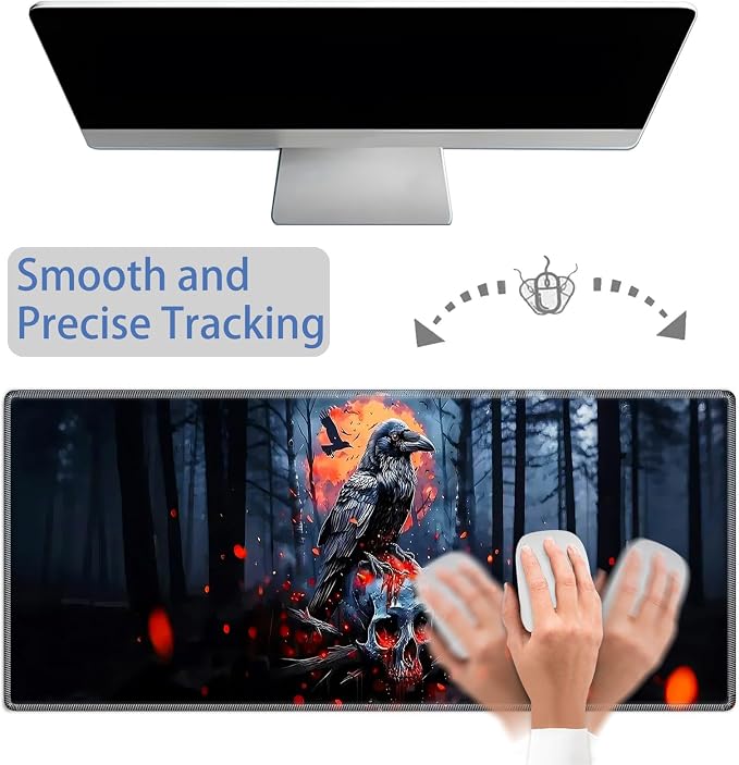 Mouse Pad Gaming Mousepad 31.5x11.8 Inch XXL Large + Coasters,Desk Mat with Stitched Edges, Non-Slip Rubber Base, Thick Mouse Pad for Computer, Laptop, Office & Home - Crow Skull