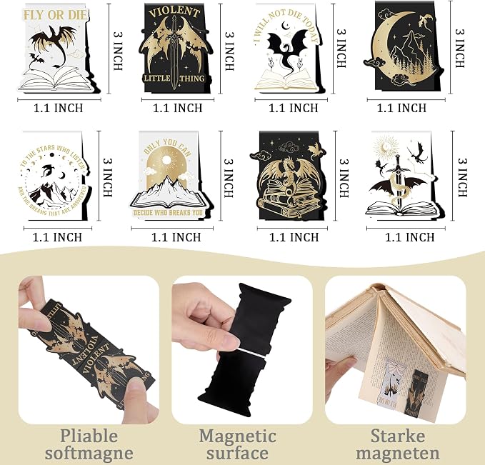 Dragon Magnetic Bookmark Gift - 8 PCs Fantasy Cool Unique Funny Book Mark Magnets Page Markers for Reading Women Men Kids Novel Fans Book Lovers Students Birthday Graduation School