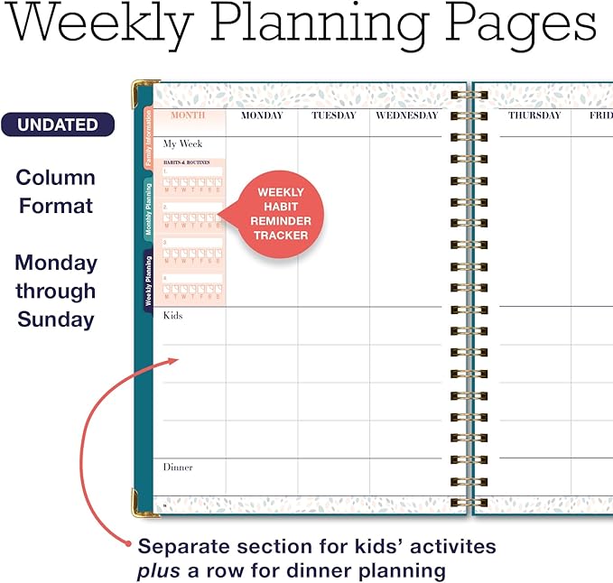 Undated Family Planner Organizer – 8.5" x 11" Weekly & Monthly Calendar for 5+ People, Meal Planning, Budgeting, Habit Tracker – Hardcover, Household Schedule Organizer for Parents, Kids, & Caregivers (Teal Floral)