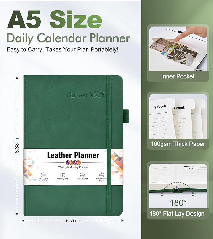 2026 Weekly & Monthly Planner, 12 Months Hardcover Planner from January 2026 - December 2026, Leather Agenda Organizer Book 2026 with Tabs, Daily Calendar Planners for Work School Home, A5 (5.75" x 8.38"), Green