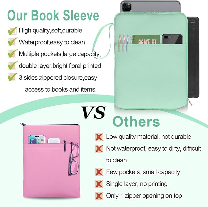 Green Book Sleeve Kindle Pouch, Book Protector Case with Zipper, PU Leather Waterproof Book Cover Bag, Portable Book Pouch for Book Lovers Gifts Paperbacks Bibles Hardcover