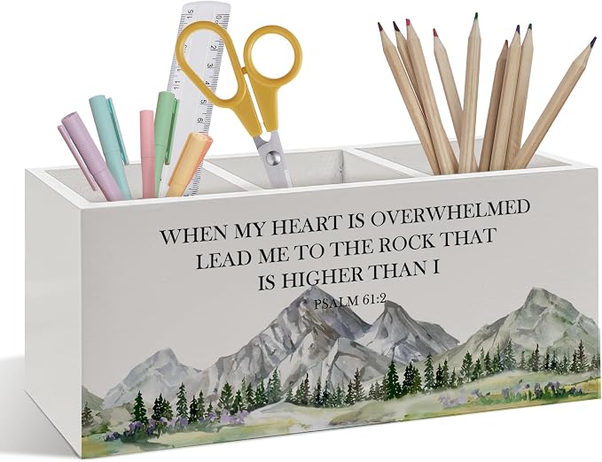 Inspirational Christian Pen Pencil Holder, Religious Gifts for Women Men, Christian Desk Accessories, Psalm 61:2 Bible Verse Wooden Pen Pencil Organizer for Office Home Bedroom Desk Decor