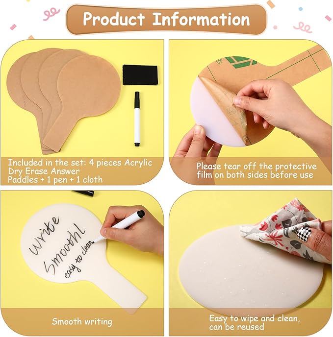 Containlol 4 Pcs Mini Dry Erase Answer Paddles Acrylic Answer Board Double-Sided Response Paddles Quick Response Board with Handle for Teaching Office Games Home