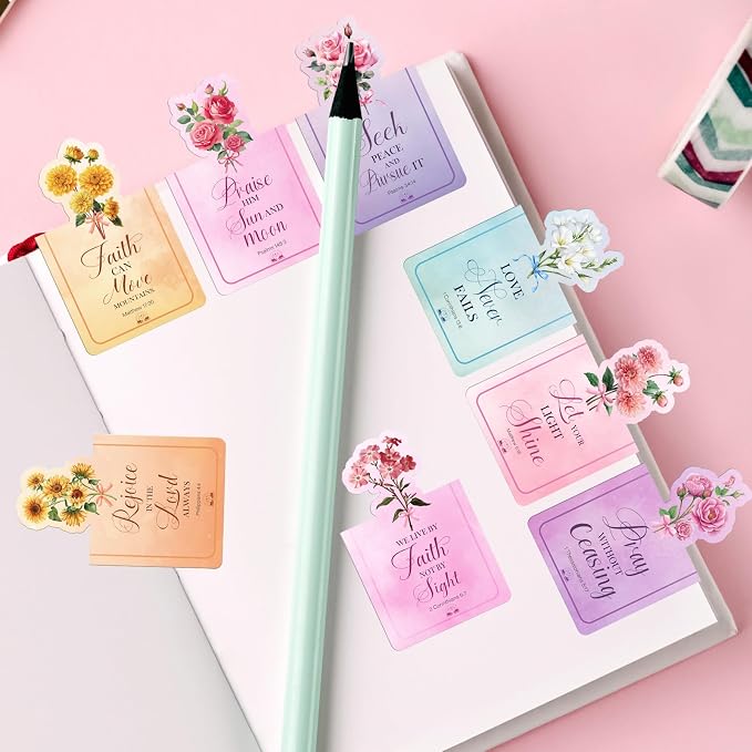 Wxiben Bible Verse Magnetic Bookmark - 8 Pcs Inspirational Quotes Scripture Book Mark Magnets Christian Floral Bookmarks Magnetic Positive Book Markers Page Clip for Women Students Teacher Church Gift