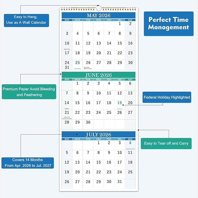 Wall Calendar 2026-2027 - 3 Month Calendar Vertical, April 2026 to June 2027, Calendar 2026-2027 with Large Blocks, 11'' x 26'' (Open)