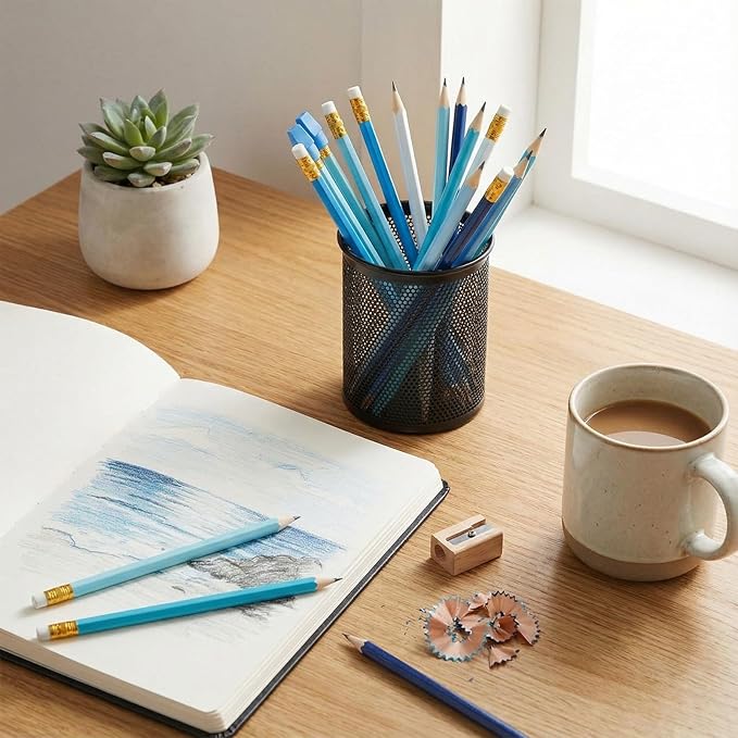 24sets/72pcs Wood-cased Blue Colored Pencils, Aesthetic #2 Eco Wooden Paper Pencils with 48 Pcs Top Erasers, Number 2 Unsharpened Pencil Bulk Gifts for Birthday Party Favors Writing Drawing Office