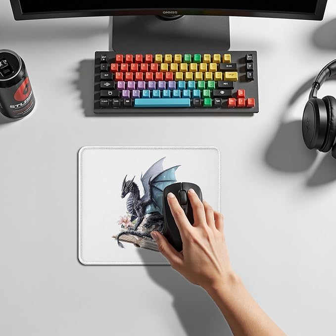 Book Dragon Mouse Pad, Blue Dragon Book Themed Mouse Pad for Fantasy Readers, Whimsical Desk Accessory for Home Office Computers Laptop,Bookish Gift for Reading Lovers,9.5x7.9 Inch