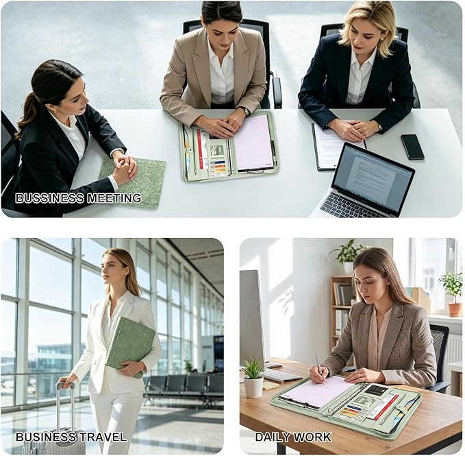 Eshow Portfolio Organizer - 3 Ring Binder with Zipper, Vegan Leather Business Padfolio Folder with Notepad Includes 5 Color Sheet Protectors for Documents Files for Men Women
