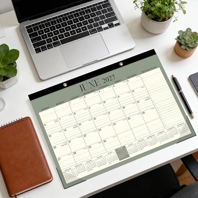 ZTX Desk Calendar 2026-2027,18 Months Calendar from July 2026 to December 2027,17" x 12" Big Calendars 2026-2027 Monthly Planner with Plastic Cover for Teacher Home Desk Top Green