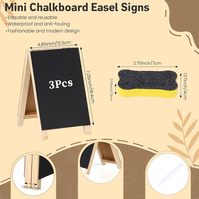 3 Pcs Mini Chalkboard Easel Signs 4.5" x 7.5" Tabletop Chalkboard Sign Double Sided Display Comes with Chalk and Blackboard Eraser for Bar Wedding Parties Home Decor Restaurant Menu