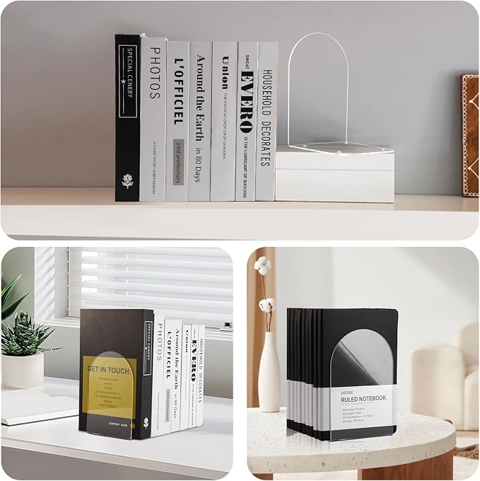 Adwikoso Book Ends for Shelves Clear Acrylic Bookends for Heavy Books Organizer Book Stopper to Hold Books for Home Office School and Desktop Decoration(Circular Arc) (8)