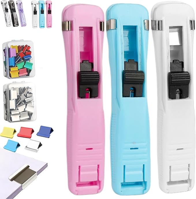 Portable Binder Clip Stapler - Includes 100 Reusable Clips, No Staples, No Holes,Push Clip Paper Clam Dispenser, Reusable Desktop Stapler for Document Home School (3-B)