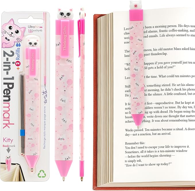 Gifts for Readers & Writers Pen Bookmark, Page Marker & Flat Writing Pen for Journal Notebook & Planner, Penmark Reading Accessory for Making Book Annotations (Kitty)