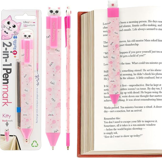 Gifts for Readers & Writers Pen Bookmark, Page Marker & Flat Writing Pen for Journal Notebook & Planner, Penmark Reading Accessory for Making Book Annotations (Kitty)