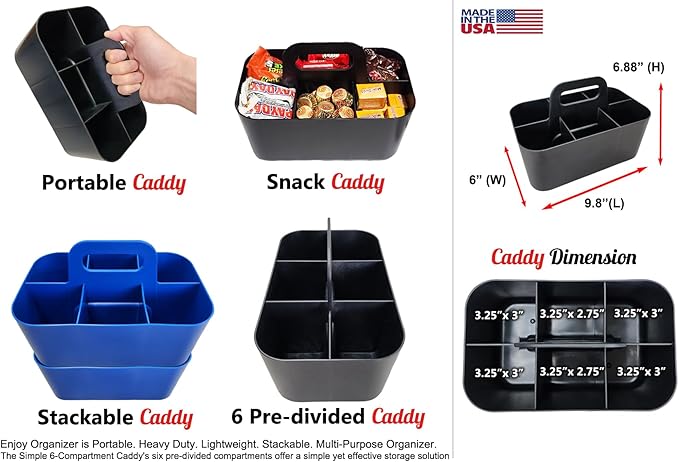 Small Stackable Plastic Caddy with Handle 6 Compartment | Desk, Makeup, Dorm Caddy, Classroom Art Organizers - 4 Pack, Made In USA (Blue)