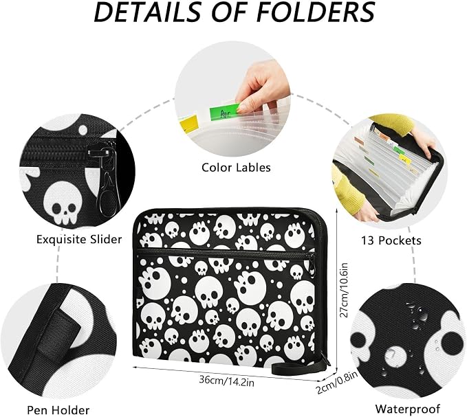 Skulls Black White 13 Pockets Expanding File Folder with Sticky Labels Accordion File Folder Document Organizer Letter Size A4 Papers Expandable File Keeper