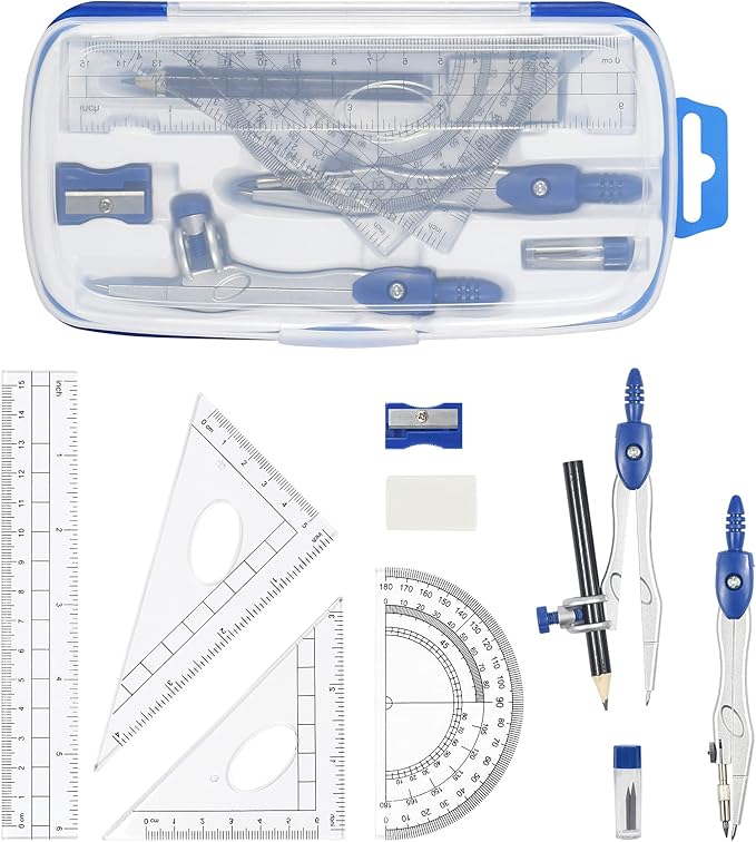 Vobou Math Geometry Kit Sets 10 Piece Student Supplies with Shatterproof Storage Box,Includes Rulers,Protractor,Compass,Eraser,Pencil Sharpener,Lead Refills,Pencil,for Drafting（Navy Blue）