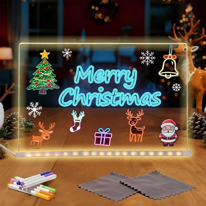 LED Drawing Board, 8"X8" Led Drawing Board for with Stand,5 Markers,Light Up Acrylic Message Board,Glowing Acrylic Dry Erase Board with Light, Christmas The Best Gifts