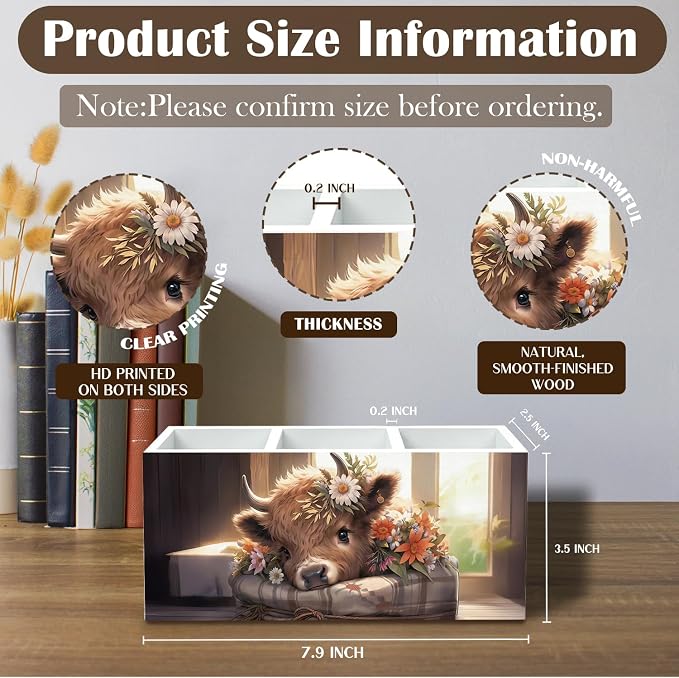 Country Highland Cow Pen Holder for Desk, Gifts for Highland Cow Lovers Pencil Organizer, Rustic Floral Botanical Heifer Wooden Box Sign Desk Decor for Office Home Decoration
